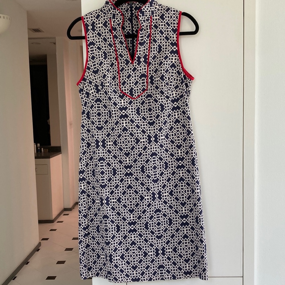 Eliza J. Geometric blue and white dress with red detailed trim - size 8
